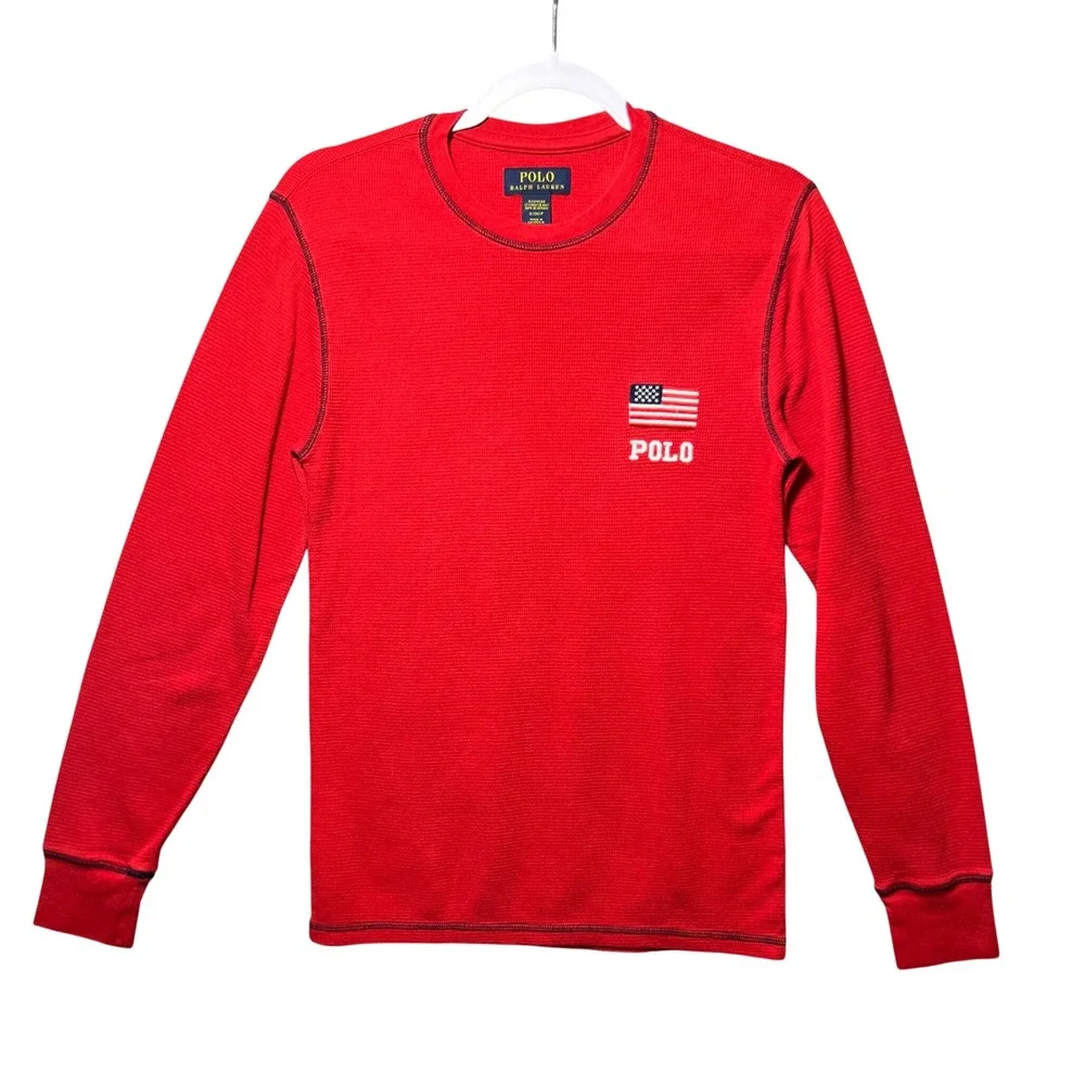 Polo‎ Ralph Lauren Mens Red Waffle Knit Thermal American Flag Sleep Shirt Small